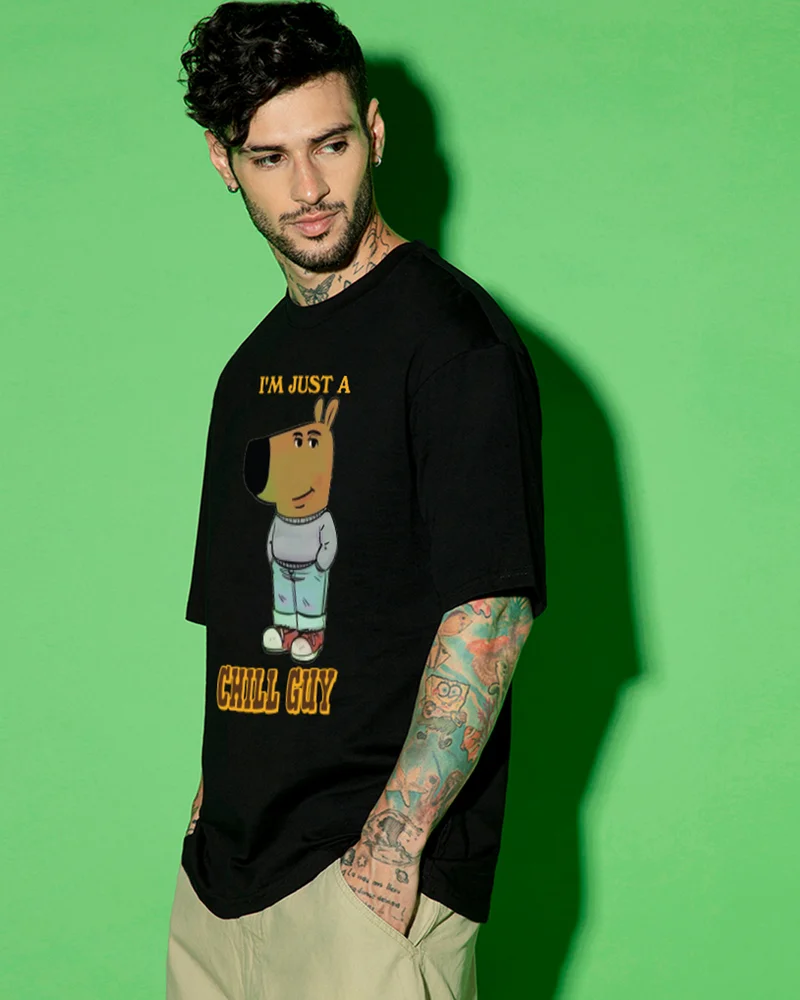 bewakoof Men's Black Chill Guy Graphic Printed Oversized T-shirt